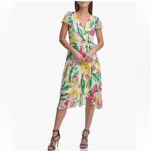 DKNY Floral Faux Wrap Midi Dress Chiffon Flutter Sleeve Asymmetrical